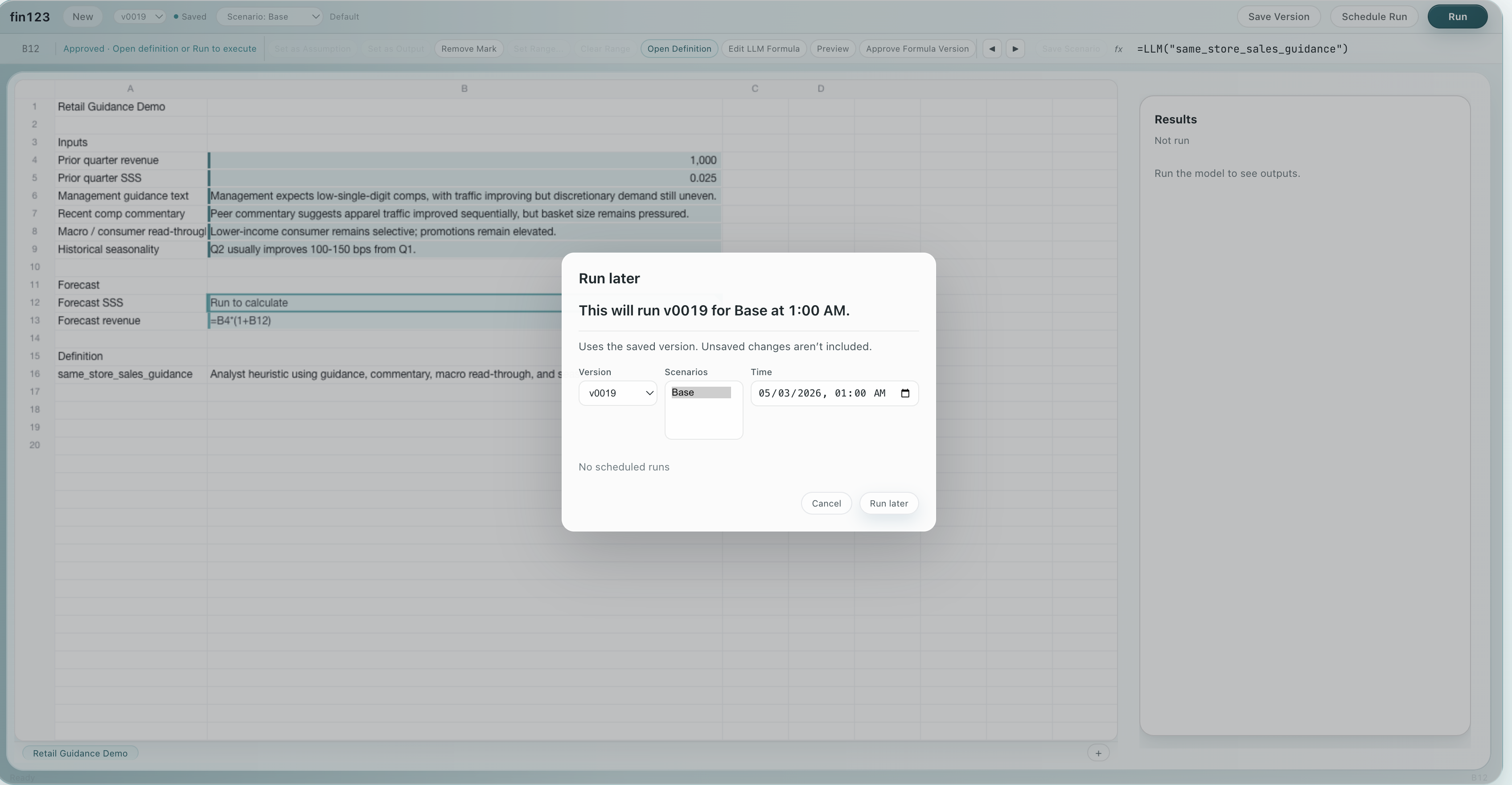 fin123 Run later modal showing saved version, selected Scenario, and time