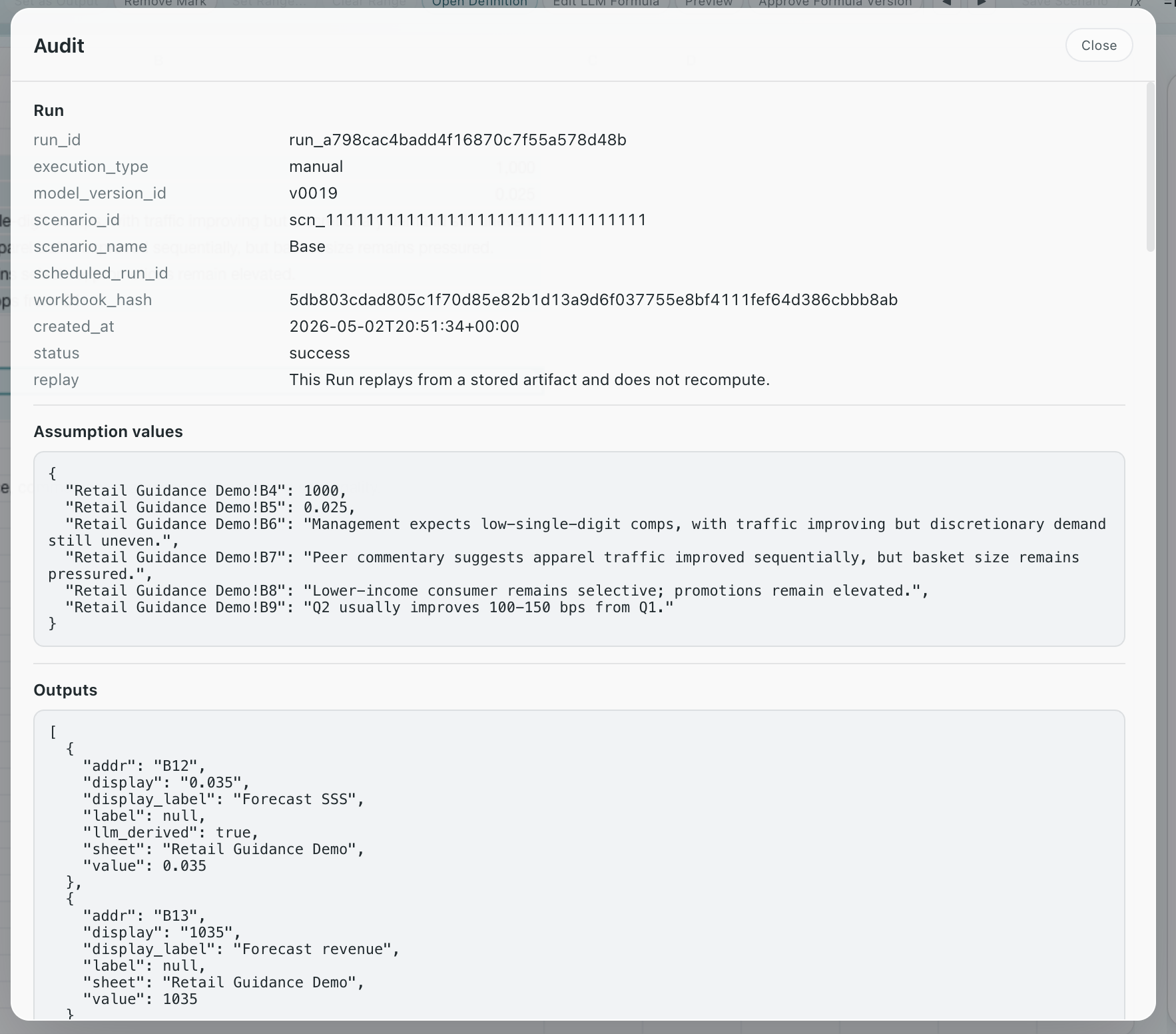 fin123 Audit modal with run and AI-assisted Formula evidence