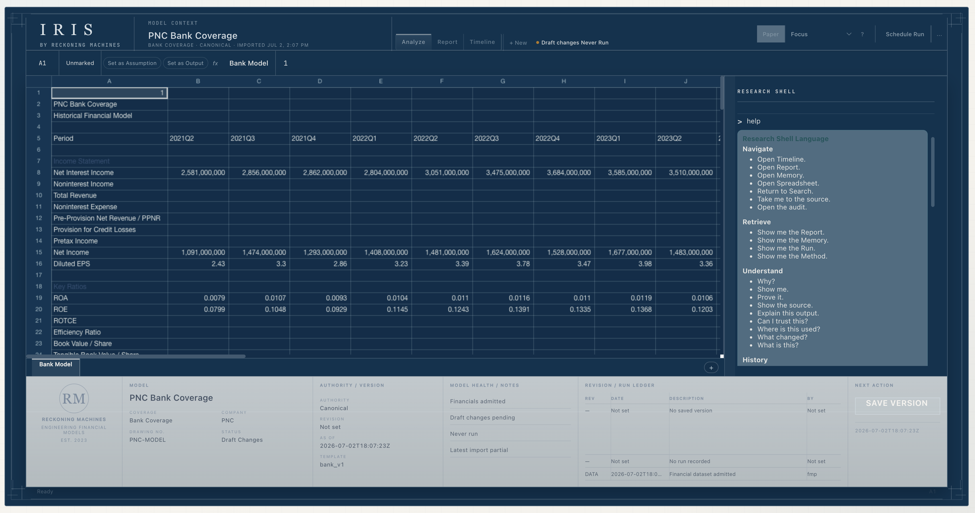 IRIS runtime spreadsheet with Research Shell and model context