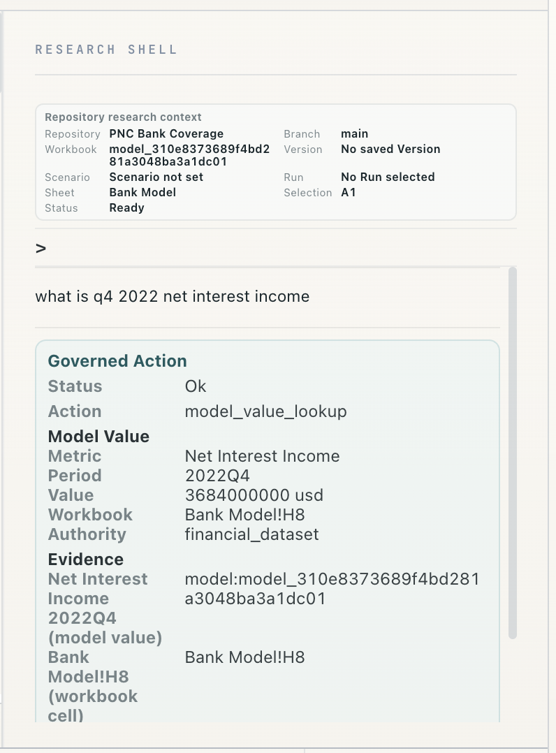IRIS Research Shell model value lookup with governed action evidence